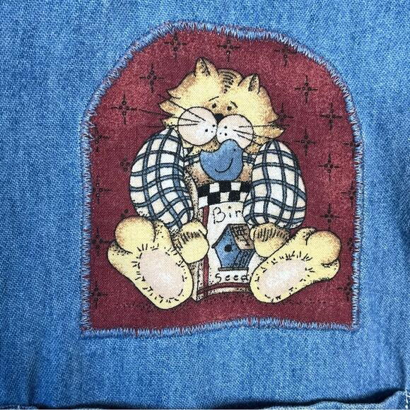 VINTAGE chambray down shirt with cat patches fits size XL crazy cat lady - Picture 6 of 10